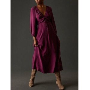 Anthropologie Maeve Deep-V Ruched Midi Dress